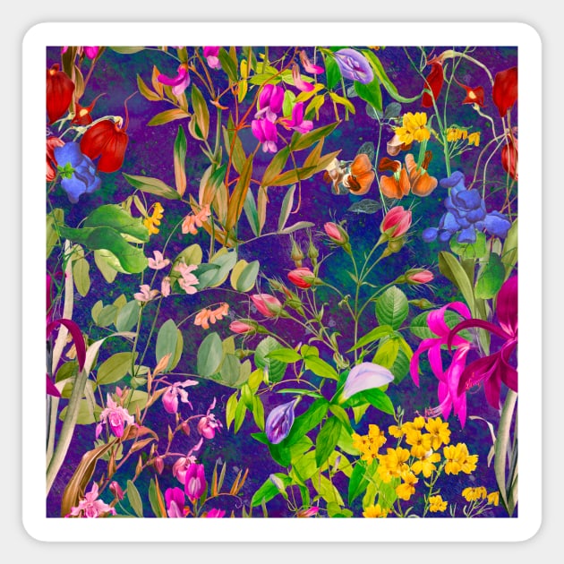 Cool tropical floral leaves botanical illustration, tropical plants,leaves and flowers, purple navy leaves pattern Sticker by Zeinab taha